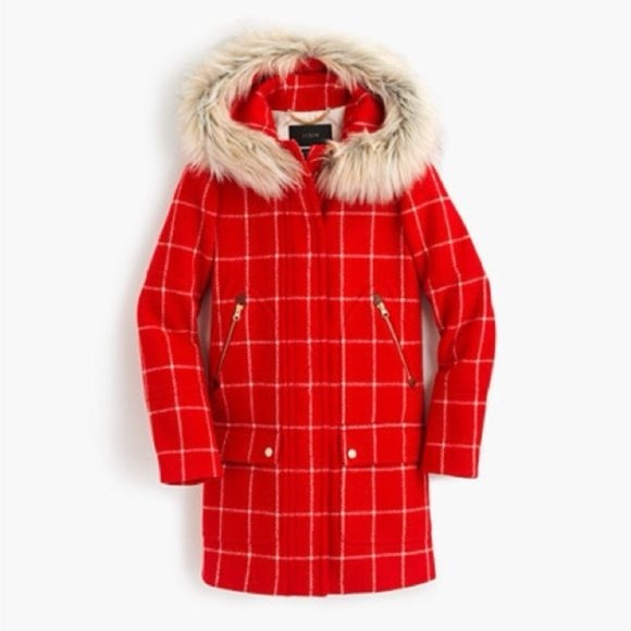 J. Crew Chateau Parka Red White Windowpane Plaid Removable Faux Fur Collar Coat - Picture 15 of 16